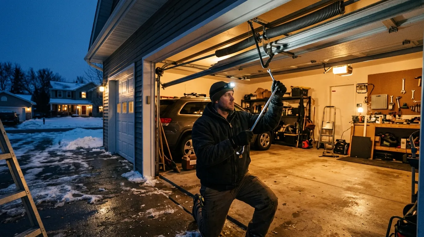 Garage door detail illustrating when a spring goes in cold weather in fremont