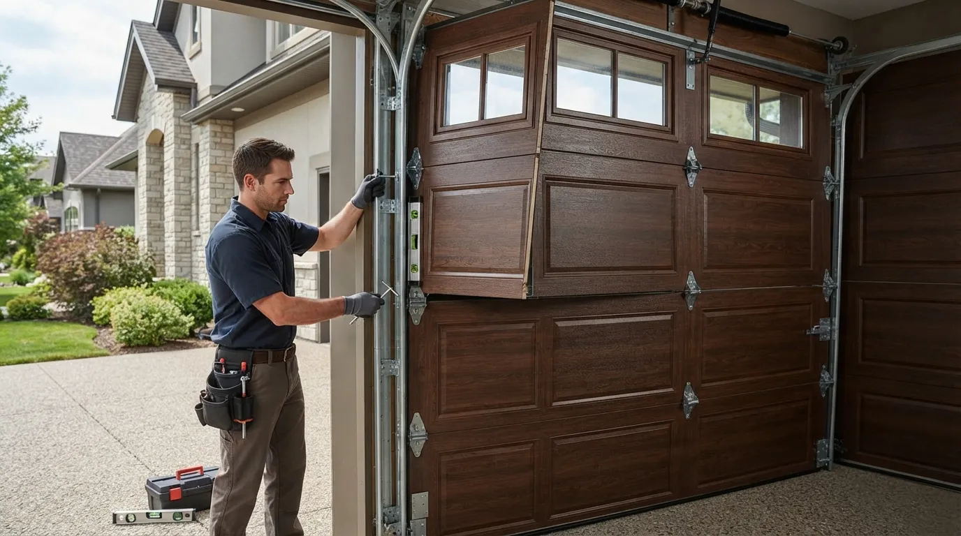 Garage door technician repairing a residential garage door in Fremont California