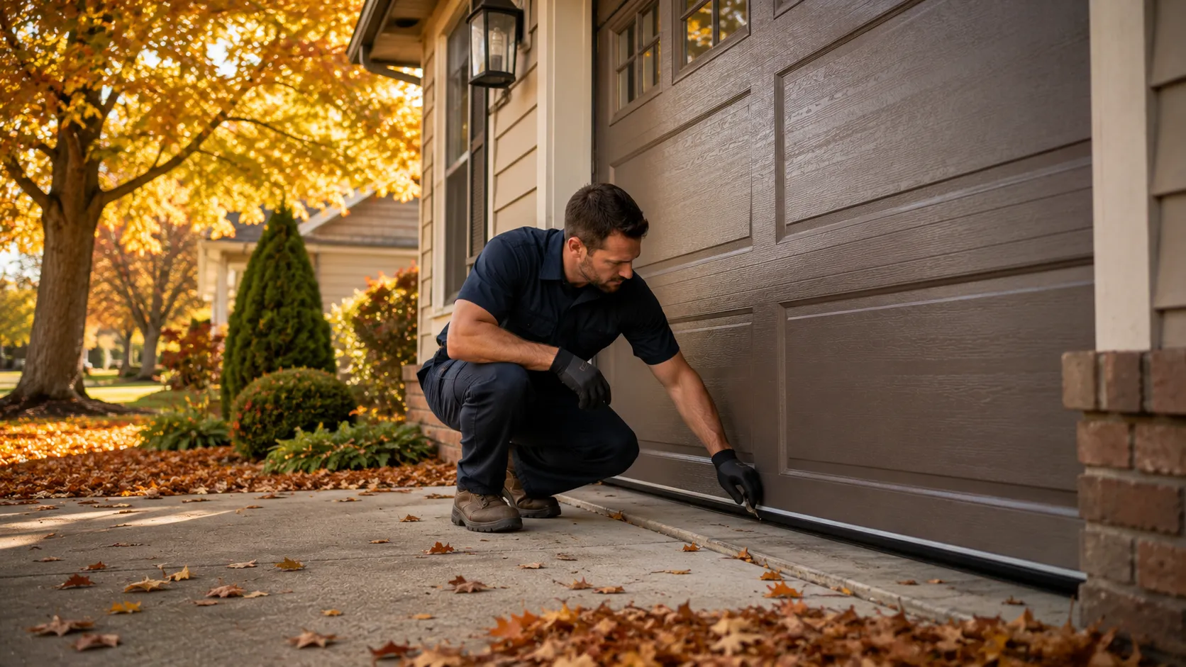 Garage door technician inspecting springs rollers tracks and opener in Fremont California